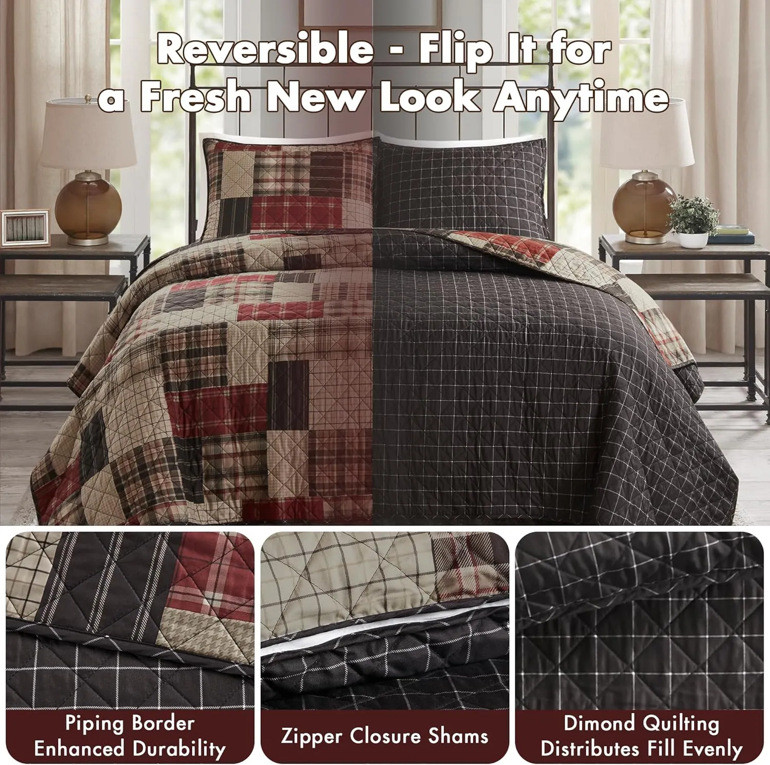 Madison Park Essentials Queen Quilt Set Patchwork Farmhouse, Diamond Quilting Reversible Coverlet Set for Queen Size Bed, Plush Cotton Filled Quilt Set Queen Size, Shams Full/Queen Red/Black 3 Piece