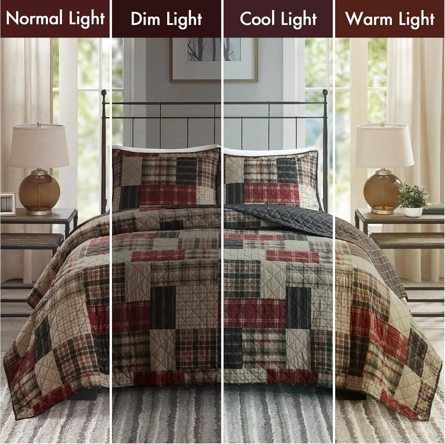 Madison Park Essentials Queen Quilt Set Patchwork Farmhouse, Diamond Quilting Reversible Coverlet Set for Queen Size Bed, Plush Cotton Filled Quilt Set Queen Size, Shams Full/Queen Red/Black 3 Piece