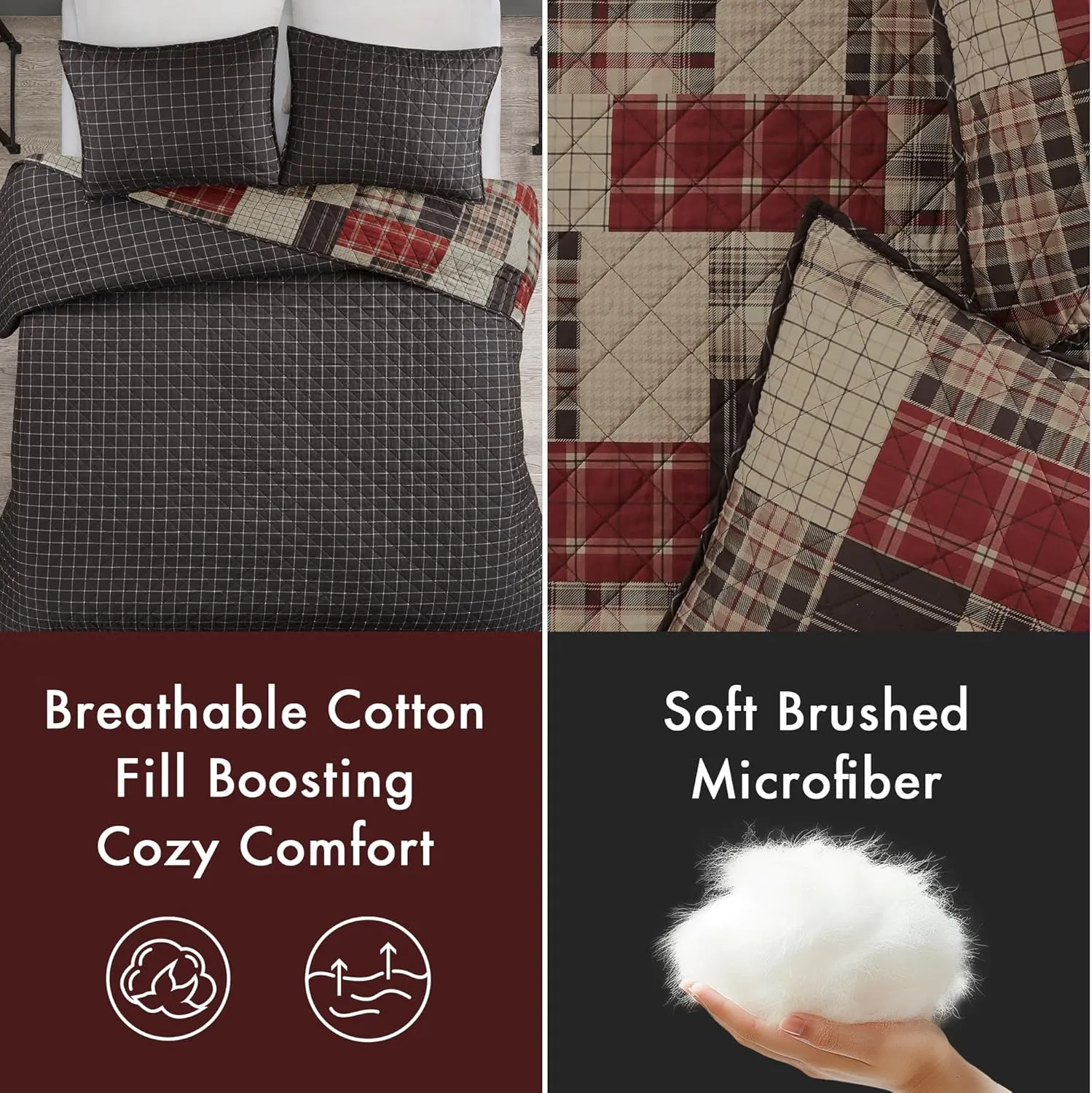 Madison Park Essentials Queen Quilt Set Patchwork Farmhouse, Diamond Quilting Reversible Coverlet Set for Queen Size Bed, Plush Cotton Filled Quilt Set Queen Size, Shams Full/Queen Red/Black 3 Piece