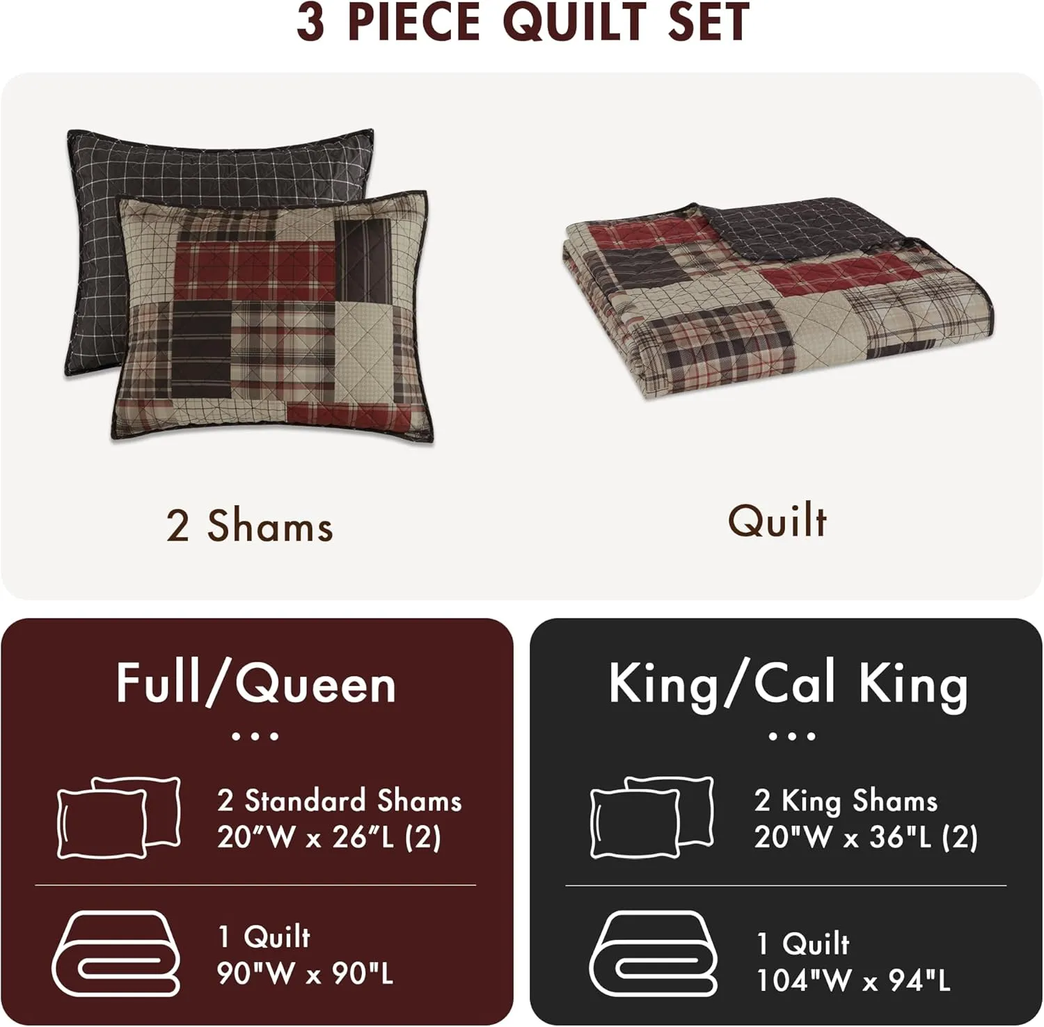 Madison Park Essentials Queen Quilt Set Patchwork Farmhouse, Diamond Quilting Reversible Coverlet Set for Queen Size Bed, Plush Cotton Filled Quilt Set Queen Size, Shams Full/Queen Red/Black 3 Piece