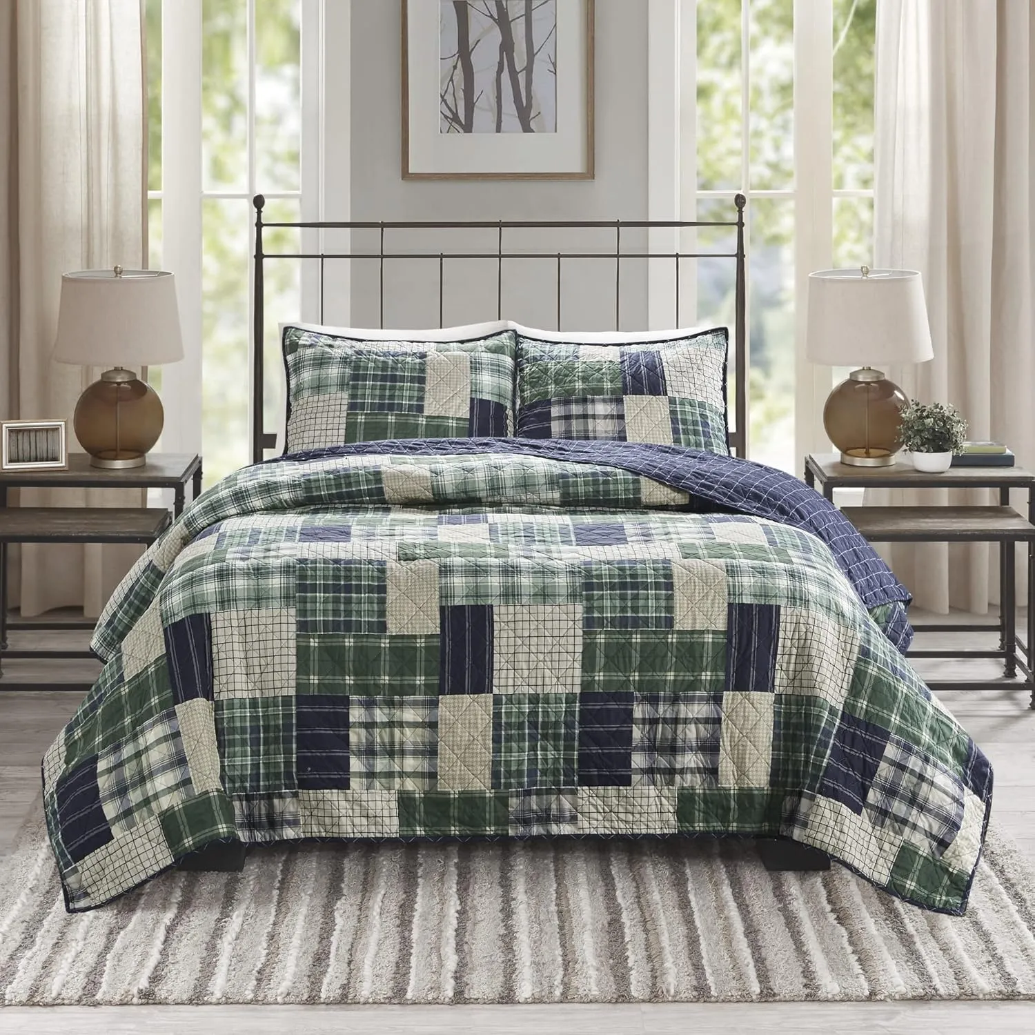 Madison Park Reversible Quilt Cabin Lifestyle Plaid Design - All Season, Breathable Coverlet Bedspread Bedding Set, Matching Shams, Full/Queen(90"x90"), Green/Navy 3 Piece