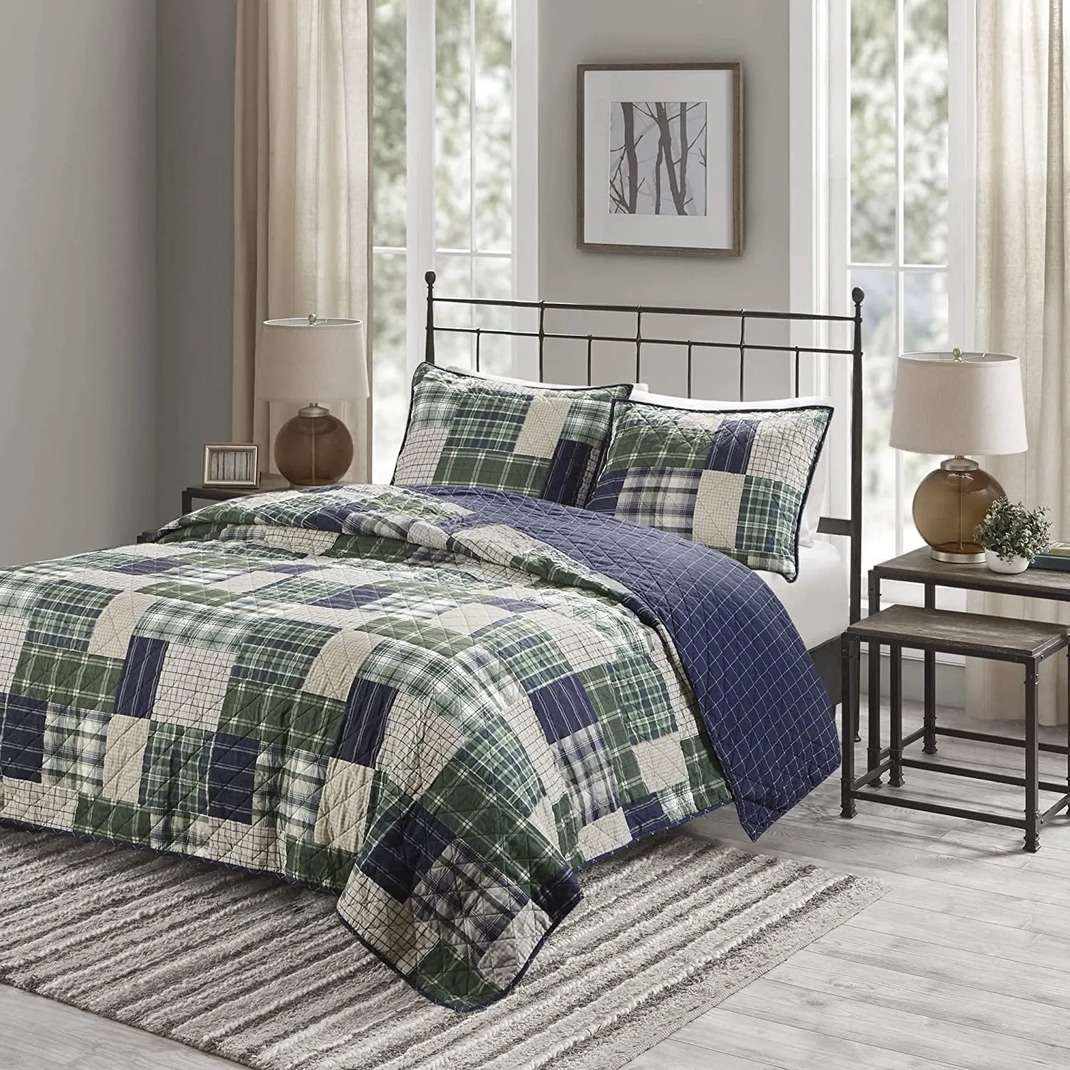 Madison Park Reversible Quilt Cabin Lifestyle Plaid Design - All Season, Breathable Coverlet Bedspread Bedding Set, Matching Shams, Full/Queen(90"x90"), Green/Navy 3 Piece