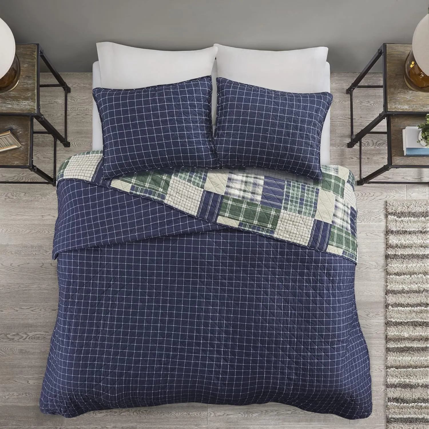 Madison Park Reversible Quilt Cabin Lifestyle Plaid Design - All Season, Breathable Coverlet Bedspread Bedding Set, Matching Shams, Full/Queen(90"x90"), Green/Navy 3 Piece
