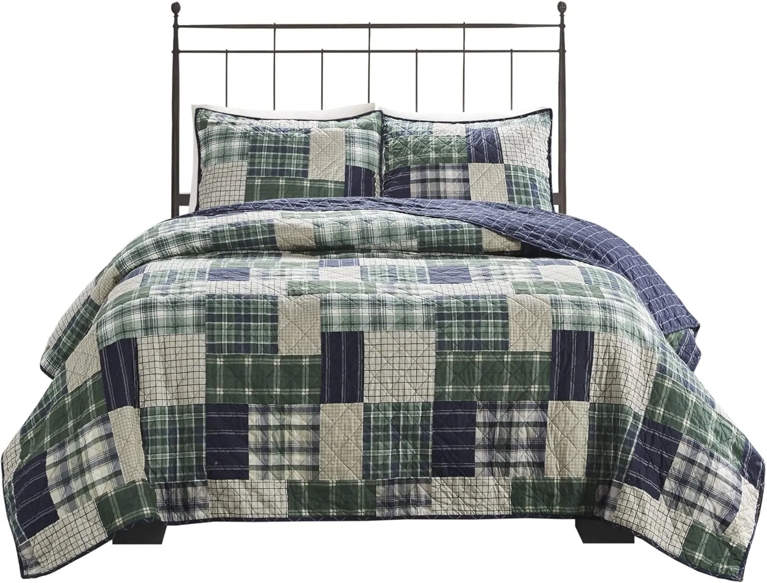 Madison Park Reversible Quilt Cabin Lifestyle Plaid Design - All Season, Breathable Coverlet Bedspread Bedding Set, Matching Shams, Full/Queen(90"x90"), Green/Navy 3 Piece