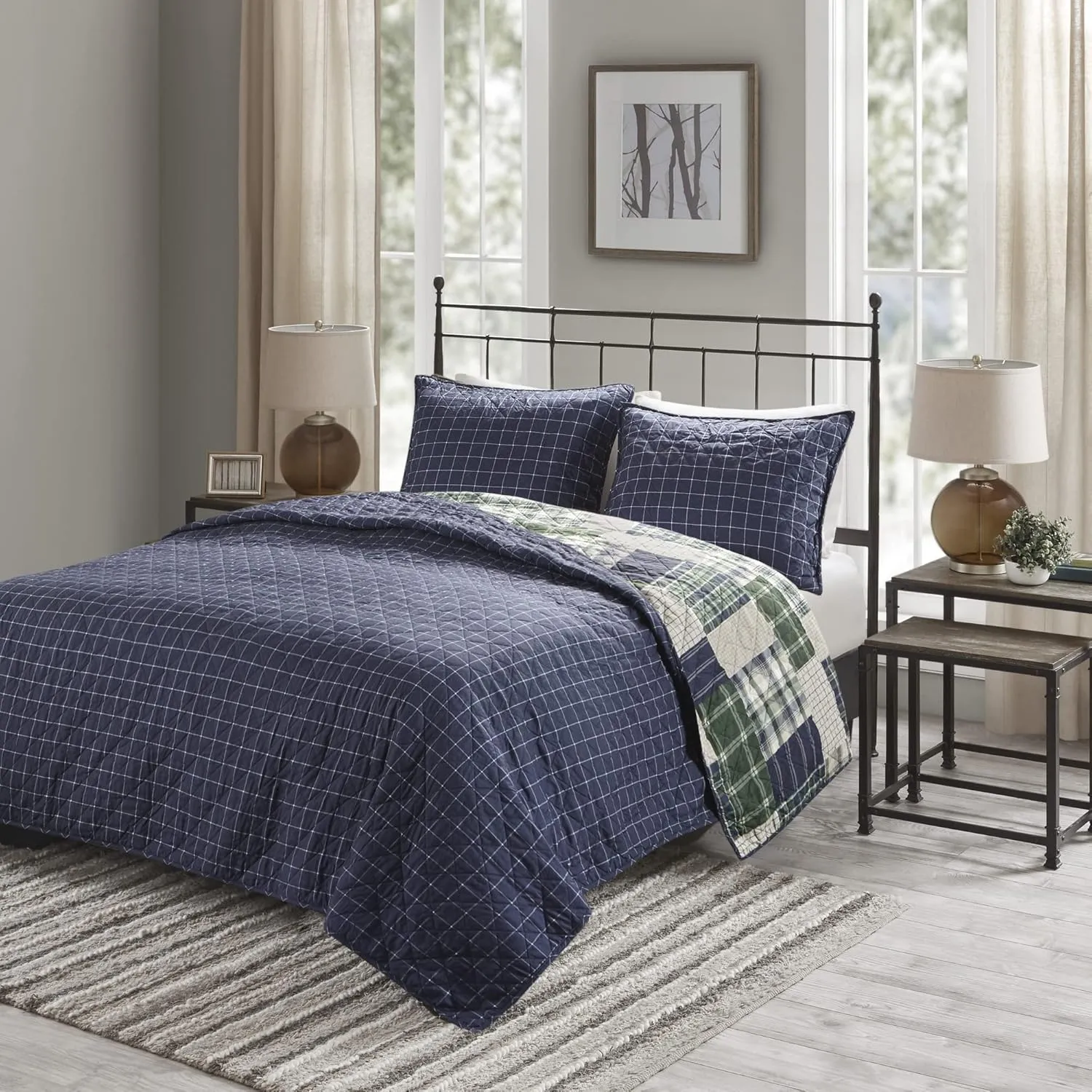 Madison Park Reversible Quilt Cabin Lifestyle Plaid Design - All Season, Breathable Coverlet Bedspread Bedding Set, Matching Shams, Full/Queen(90"x90"), Green/Navy 3 Piece