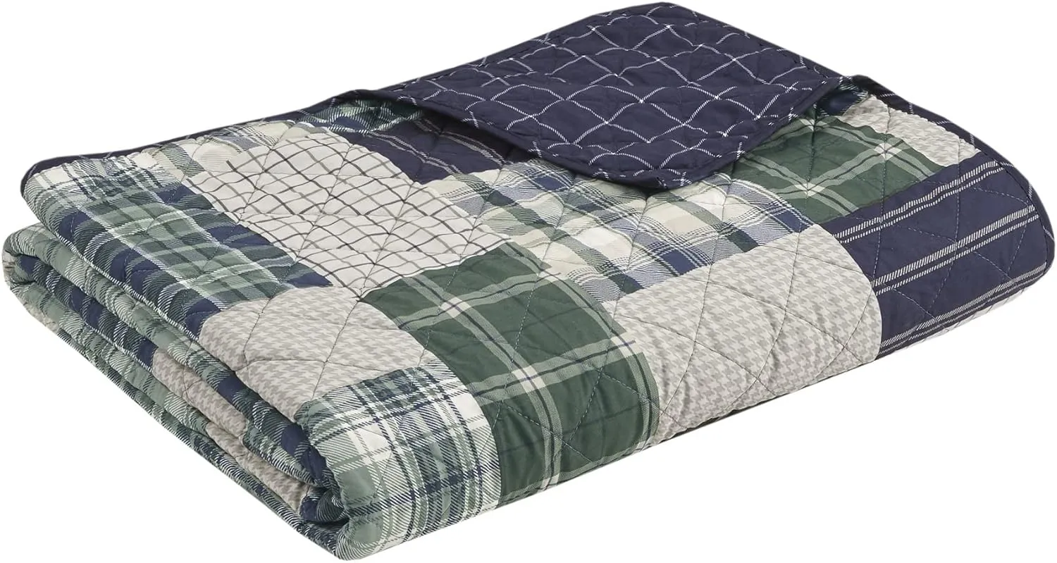 Madison Park Reversible Quilt Cabin Lifestyle Plaid Design - All Season, Breathable Coverlet Bedspread Bedding Set, Matching Shams, Full/Queen(90"x90"), Green/Navy 3 Piece