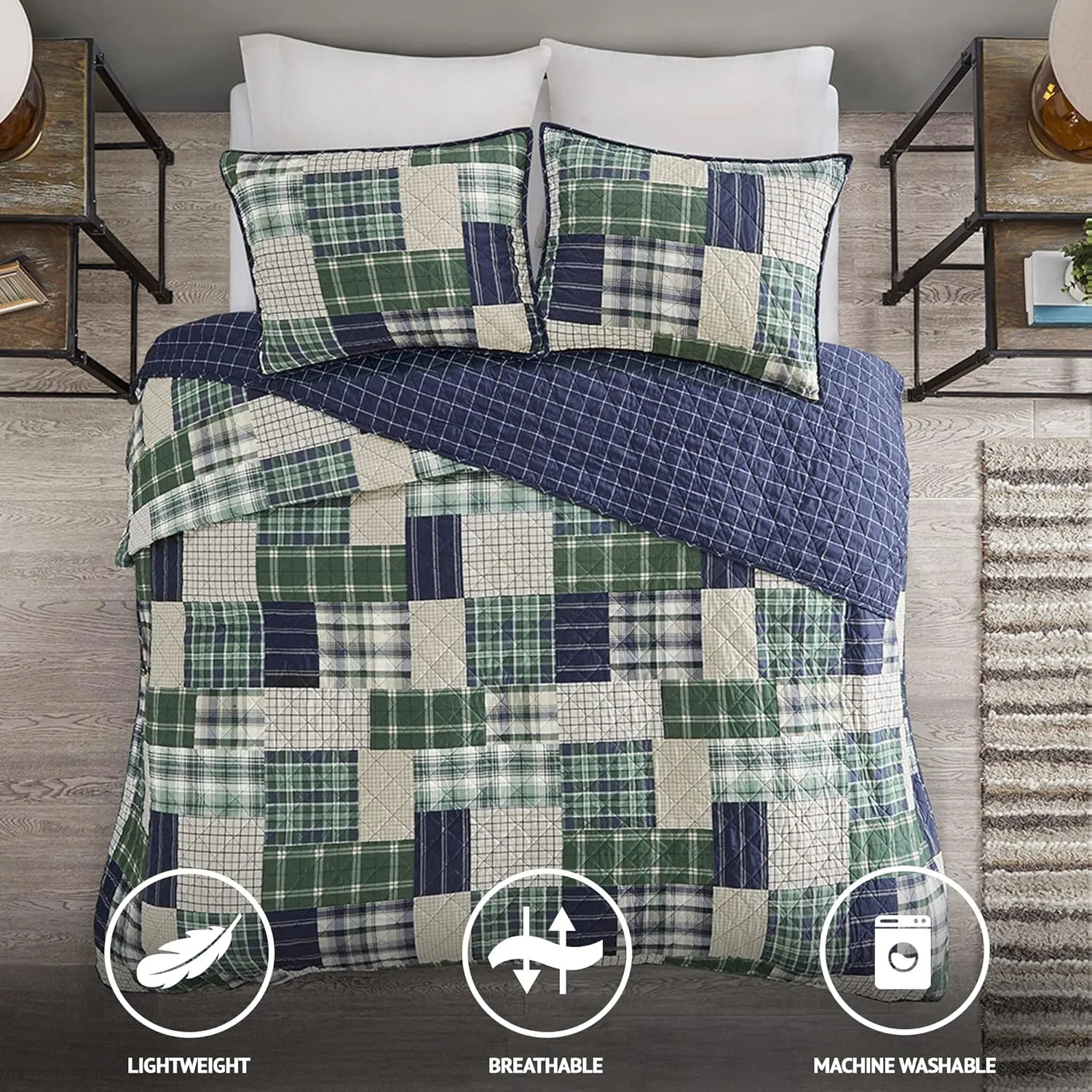 Madison Park Reversible Quilt Cabin Lifestyle Plaid Design - All Season, Breathable Coverlet Bedspread Bedding Set, Matching Shams, Full/Queen(90"x90"), Green/Navy 3 Piece