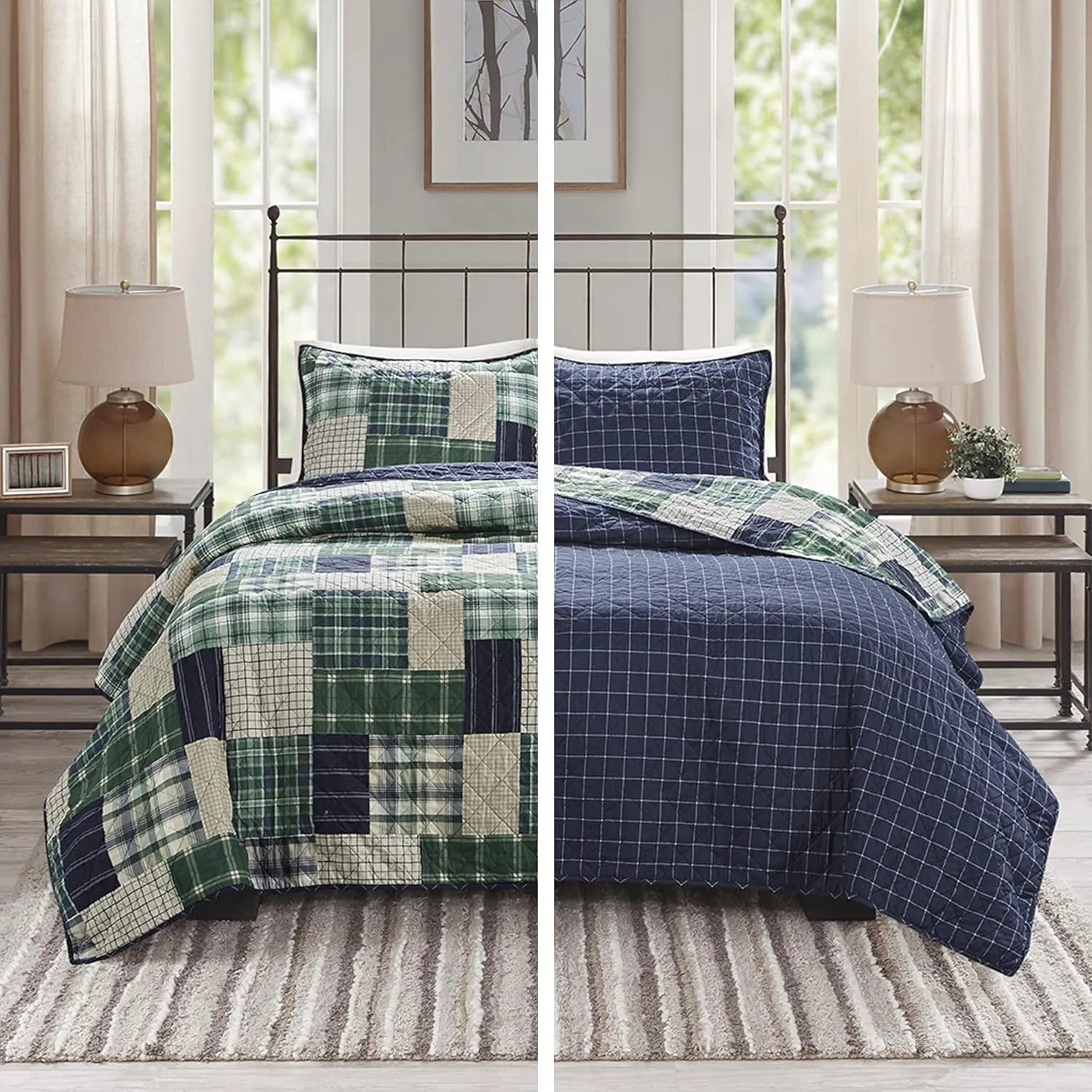 Madison Park Reversible Quilt Cabin Lifestyle Plaid Design - All Season, Breathable Coverlet Bedspread Bedding Set, Matching Shams, Full/Queen(90"x90"), Green/Navy 3 Piece