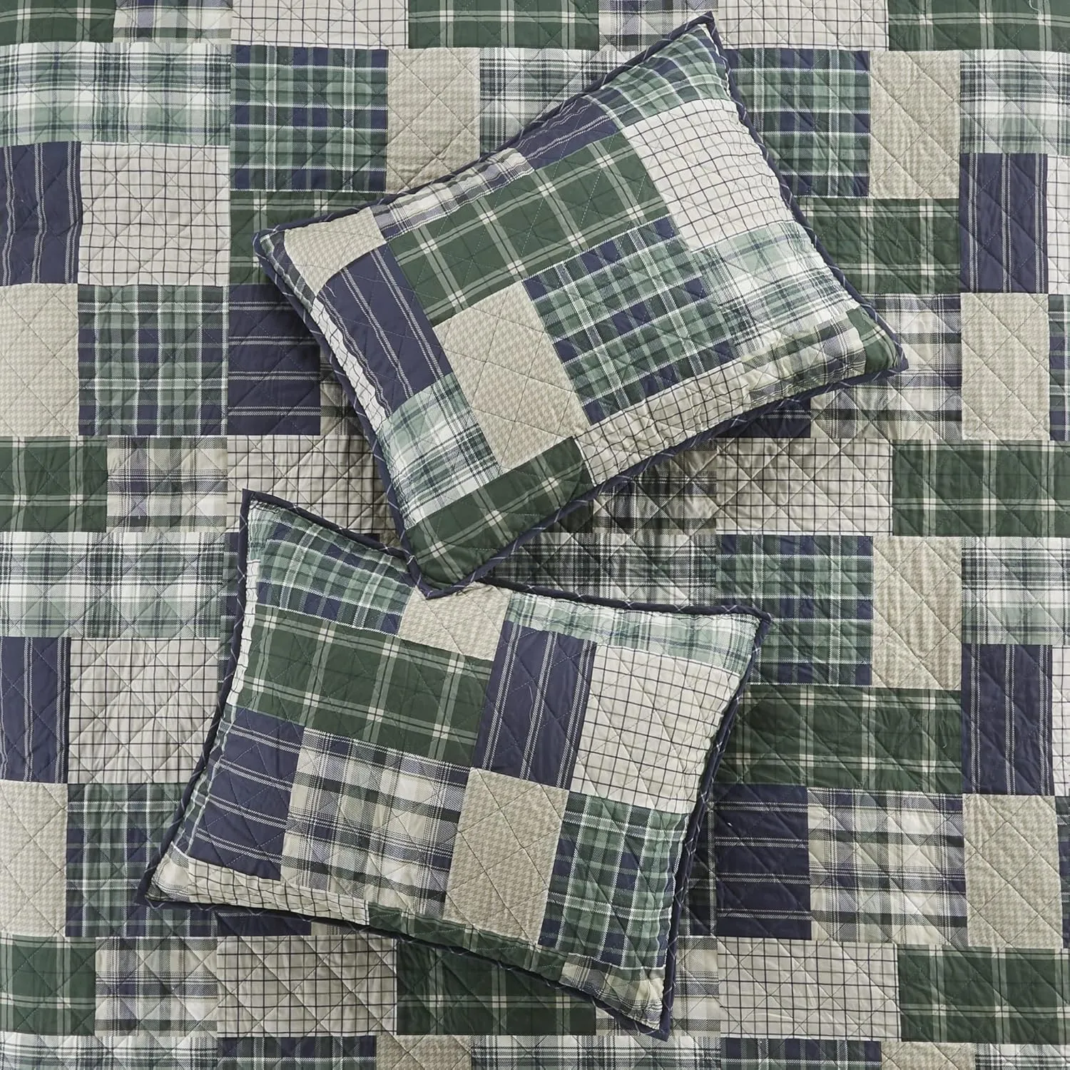 Madison Park Reversible Quilt Cabin Lifestyle Plaid Design - All Season, Breathable Coverlet Bedspread Bedding Set, Matching Shams, Full/Queen(90"x90"), Green/Navy 3 Piece