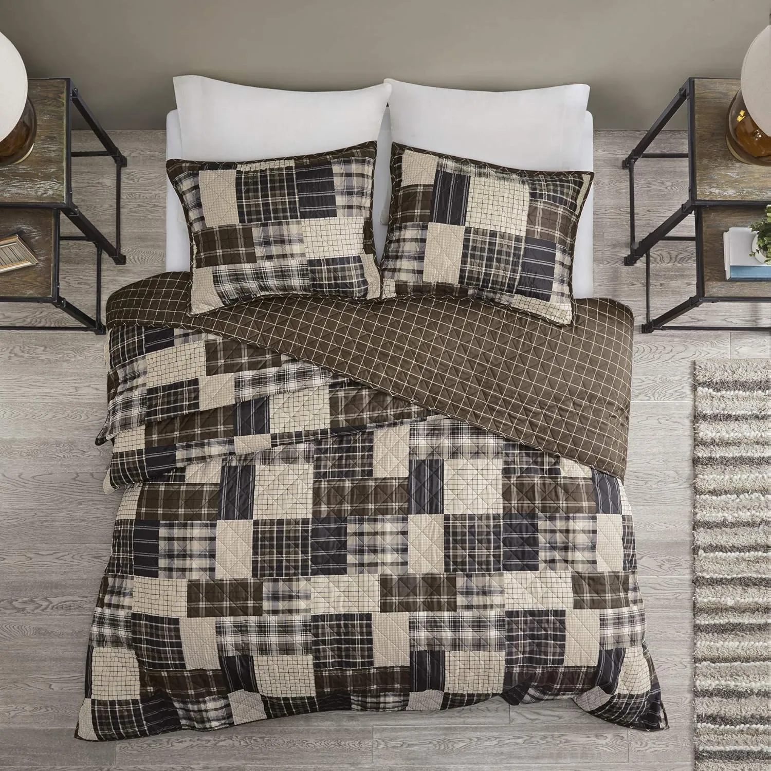Madison Park Reversible Quilt Cabin Lifestyle Plaid Design - All Season, Breathable Coverlet Bedspread Bedding Set, Matching Shams, Timber Black/Brown Full/Queen(90"x90") 3 Piece
