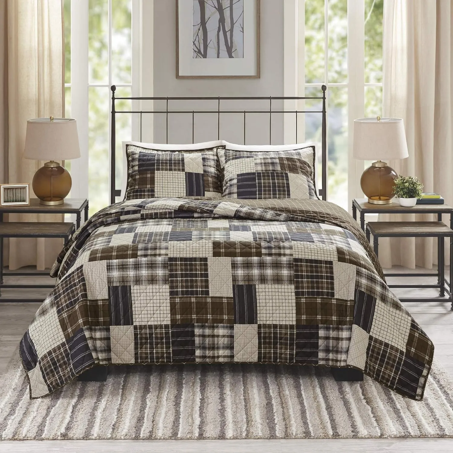 Madison Park Reversible Quilt Cabin Lifestyle Plaid Design - All Season, Breathable Coverlet Bedspread Bedding Set, Matching Shams, Timber Black/Brown Full/Queen(90"x90") 3 Piece