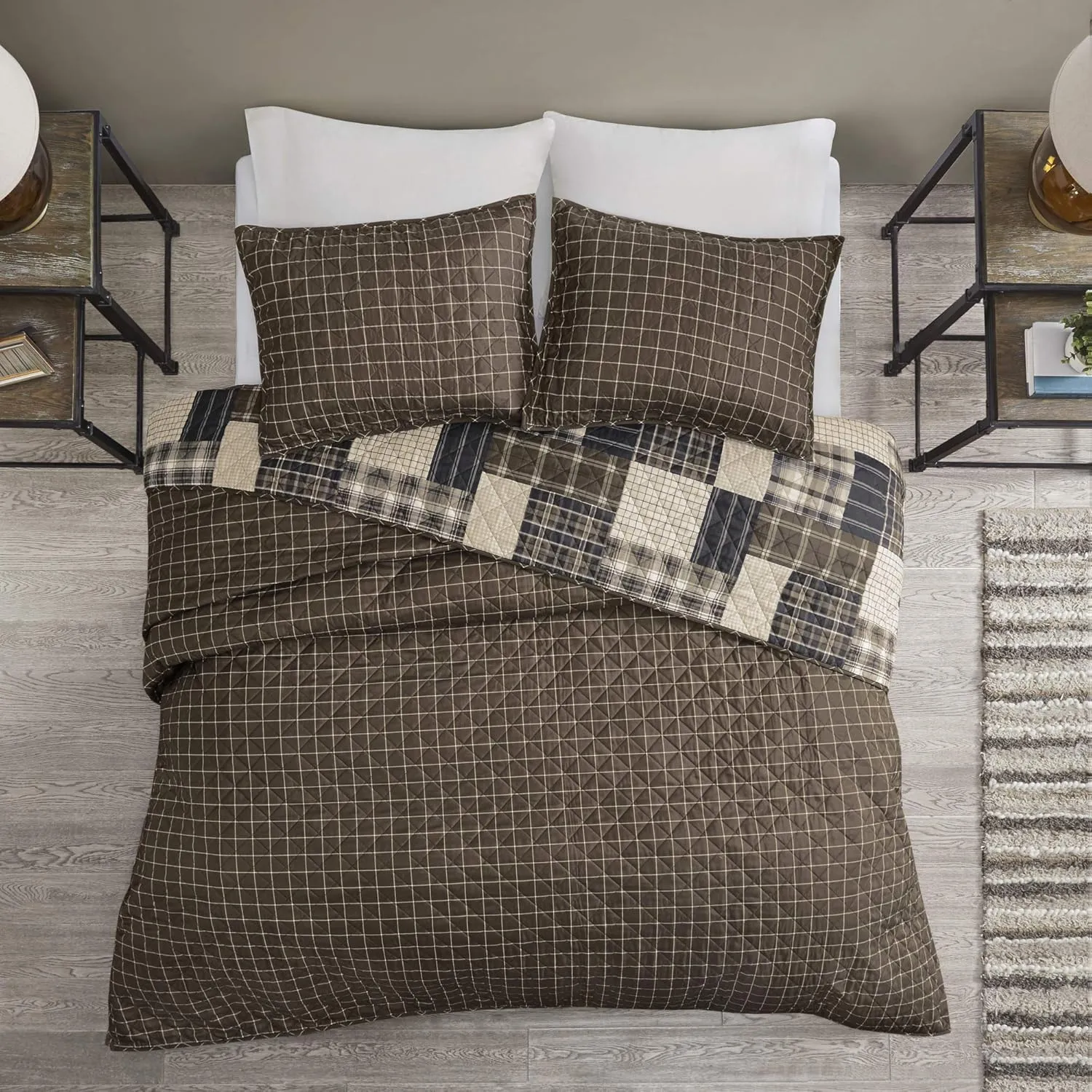 Madison Park Reversible Quilt Cabin Lifestyle Plaid Design - All Season, Breathable Coverlet Bedspread Bedding Set, Matching Shams, Timber Black/Brown Full/Queen(90"x90") 3 Piece