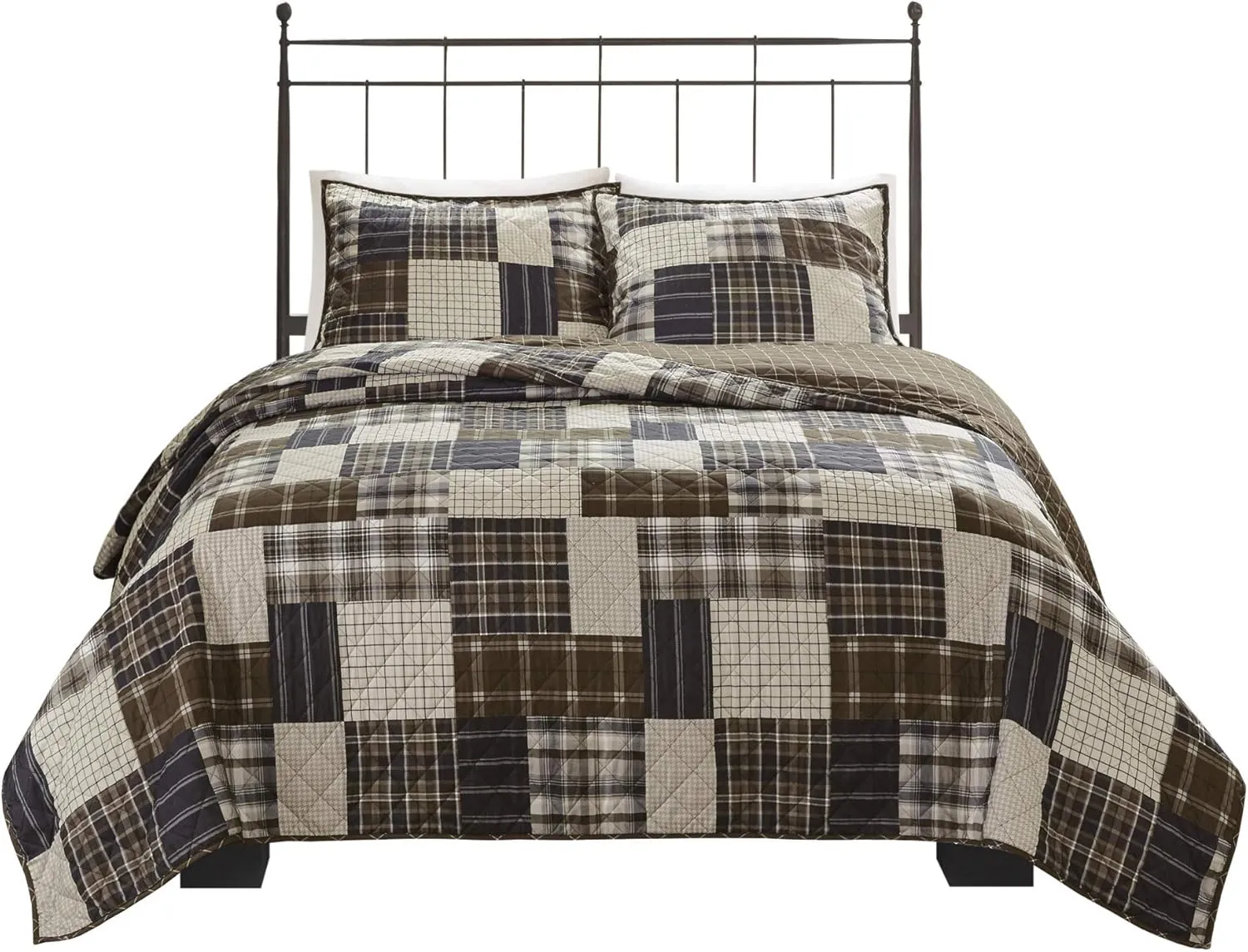Madison Park Reversible Quilt Cabin Lifestyle Plaid Design - All Season, Breathable Coverlet Bedspread Bedding Set, Matching Shams, Timber Black/Brown Full/Queen(90"x90") 3 Piece