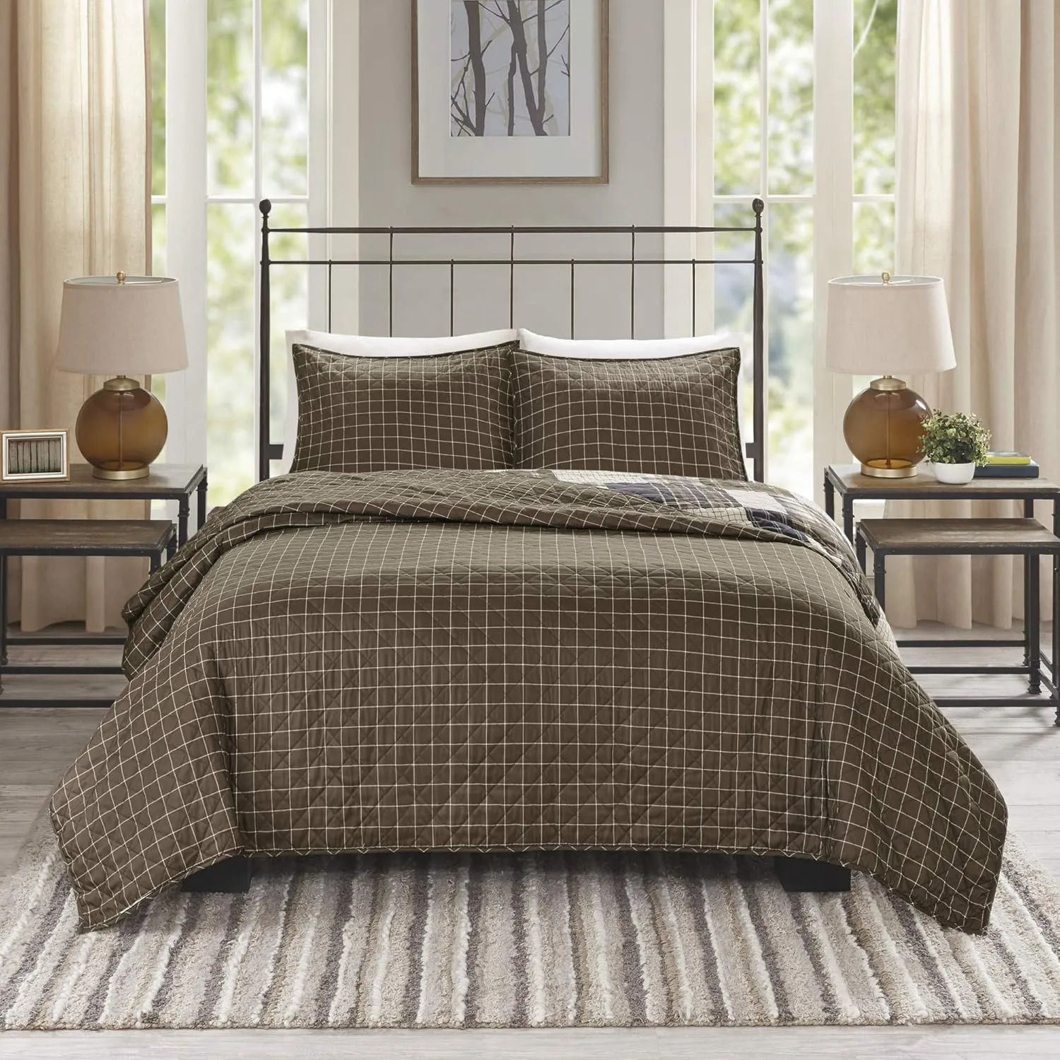 Madison Park Reversible Quilt Cabin Lifestyle Plaid Design - All Season, Breathable Coverlet Bedspread Bedding Set, Matching Shams, Timber Black/Brown Full/Queen(90"x90") 3 Piece