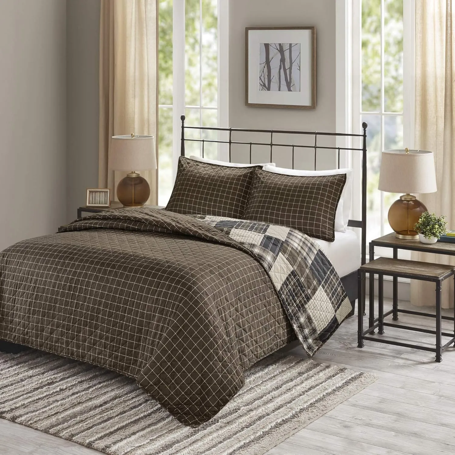 Madison Park Reversible Quilt Cabin Lifestyle Plaid Design - All Season, Breathable Coverlet Bedspread Bedding Set, Matching Shams, Timber Black/Brown Full/Queen(90"x90") 3 Piece