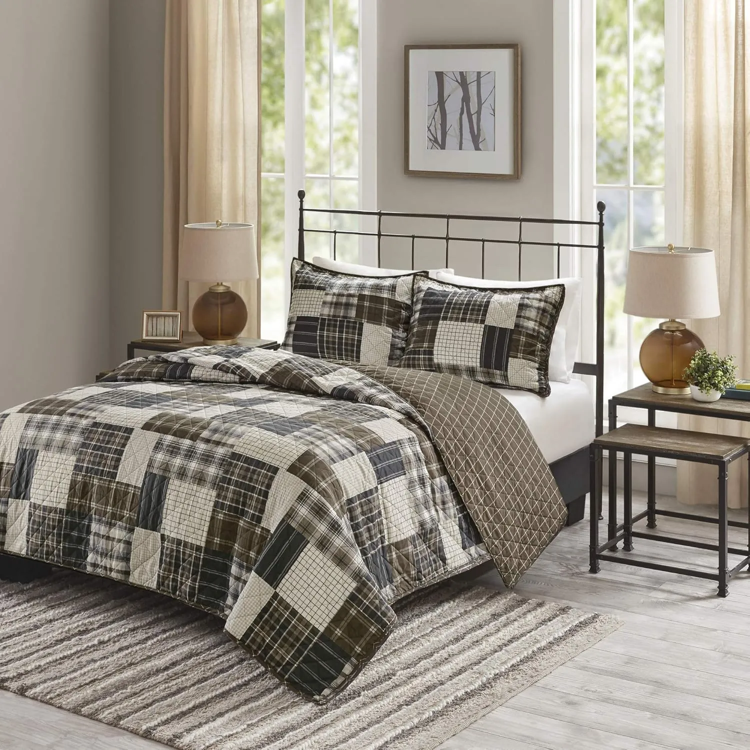 Madison Park Reversible Quilt Cabin Lifestyle Plaid Design - All Season, Breathable Coverlet Bedspread Bedding Set, Matching Shams, Timber Black/Brown Full/Queen(90"x90") 3 Piece