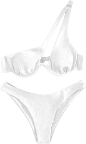 MakeMeChic Women's Bikini Sets Rib Knitted Cut Out One Shoulder Backless Summer Swimsuit Bathing Suits