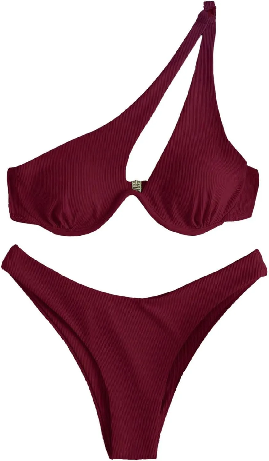 MakeMeChic Women's Bikini Sets Rib Knitted Cut Out One Shoulder Backless Summer Swimsuit Bathing Suits