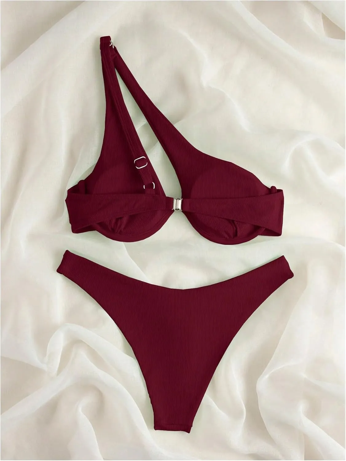 MakeMeChic Women's Bikini Sets Rib Knitted Cut Out One Shoulder Backless Summer Swimsuit Bathing Suits