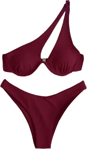 MakeMeChic Women's Bikini Sets Rib Knitted Cut Out One Shoulder Backless Summer Swimsuit Bathing Suits