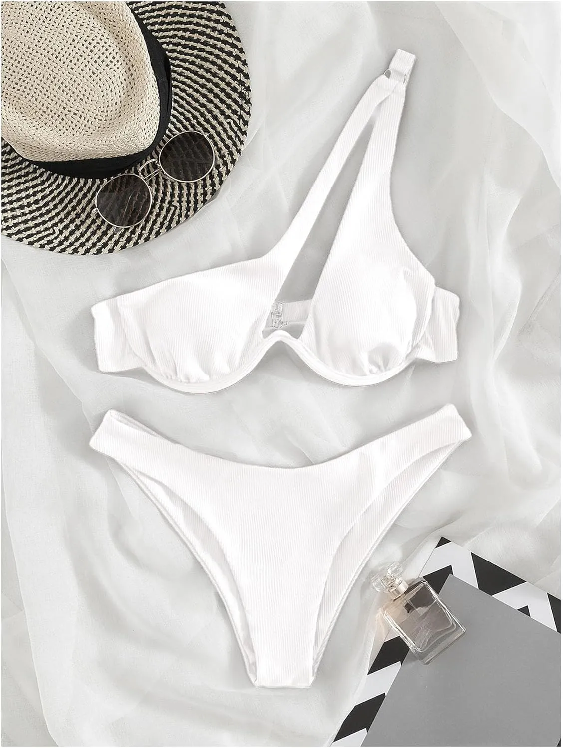 MakeMeChic Women's Bikini Sets Rib Knitted Cut Out One Shoulder Backless Summer Swimsuit Bathing Suits
