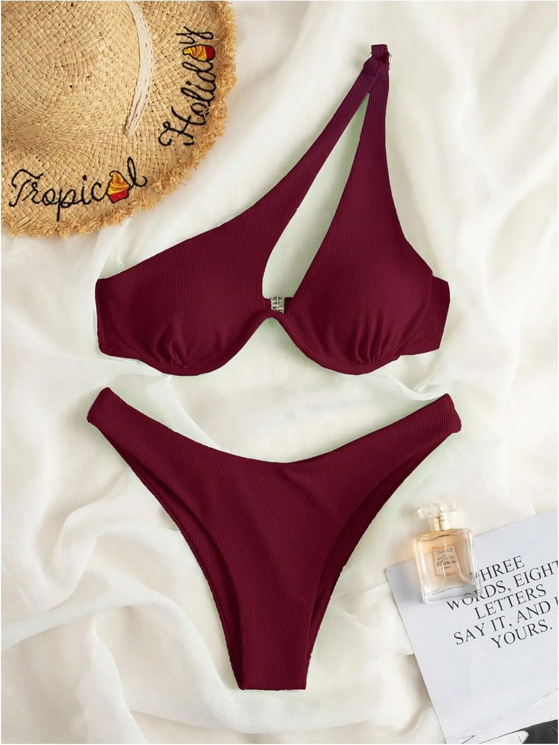 MakeMeChic Women's Bikini Sets Rib Knitted Cut Out One Shoulder Backless Summer Swimsuit Bathing Suits