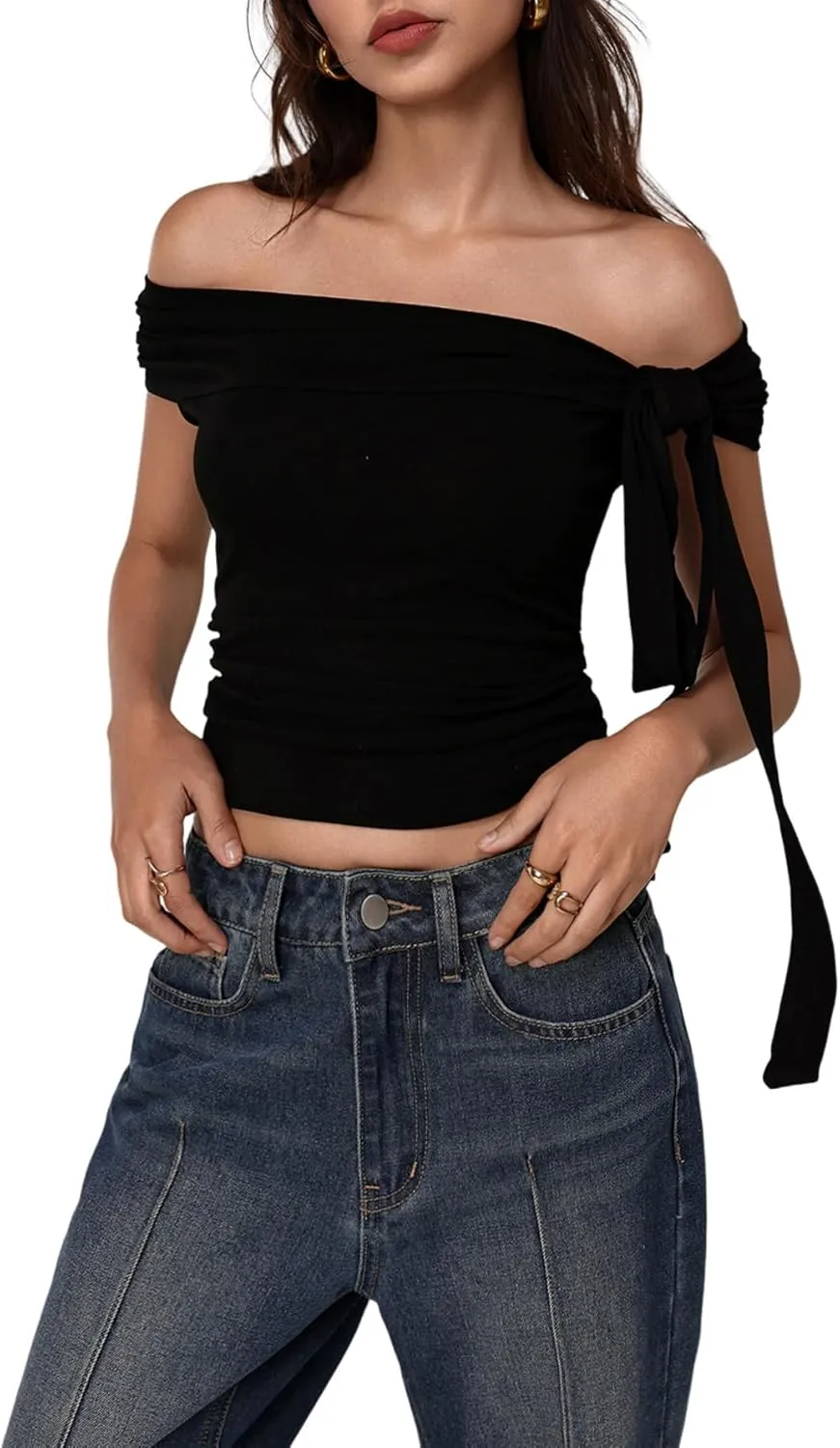 MakeMeChic Women's Off The Shoulder Crop Tops Knot Side Ruched Fitted Y2k Tee Shirt