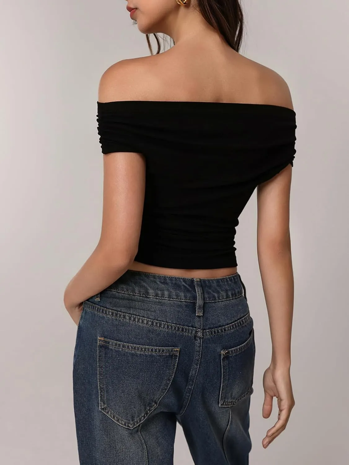 MakeMeChic Women's Off The Shoulder Crop Tops Knot Side Ruched Fitted Y2k Tee Shirt