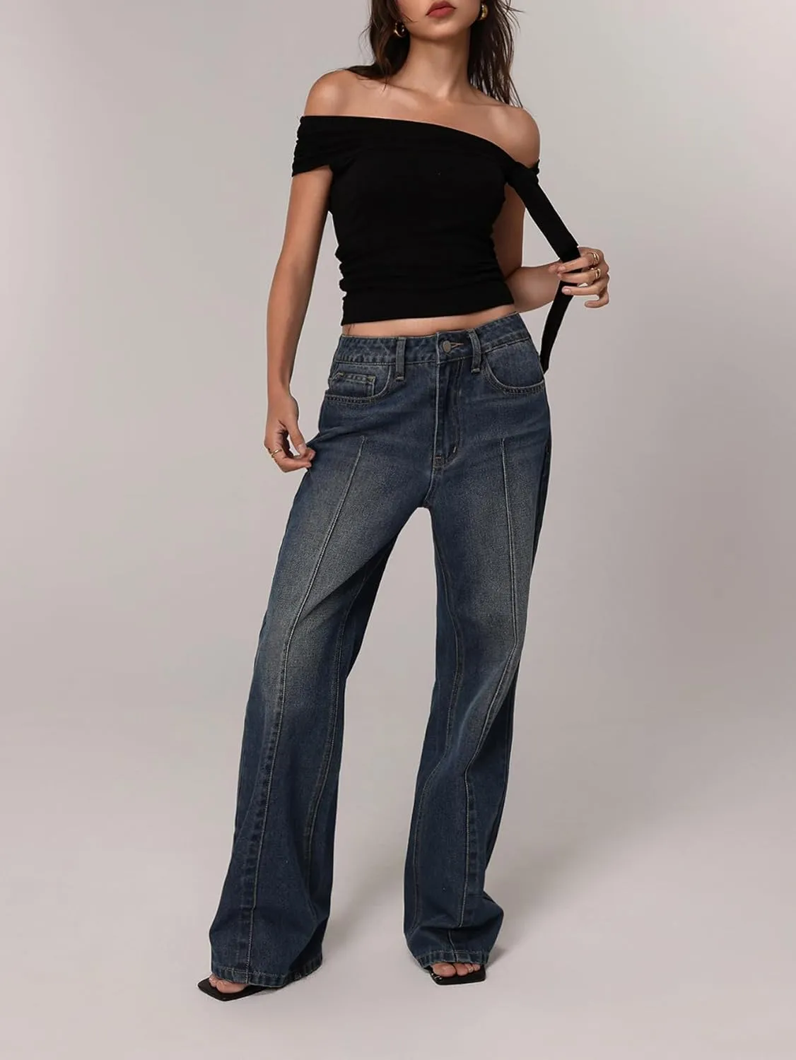 MakeMeChic Women's Off The Shoulder Crop Tops Knot Side Ruched Fitted Y2k Tee Shirt