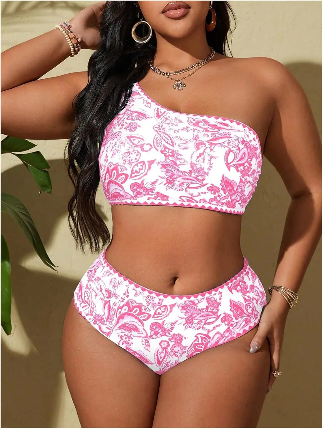 MakeMeChic Women's Plus Size 2 Piece Bikini Sets Floral Print One Shoulder High Waist Swimsuit Bathing Suit