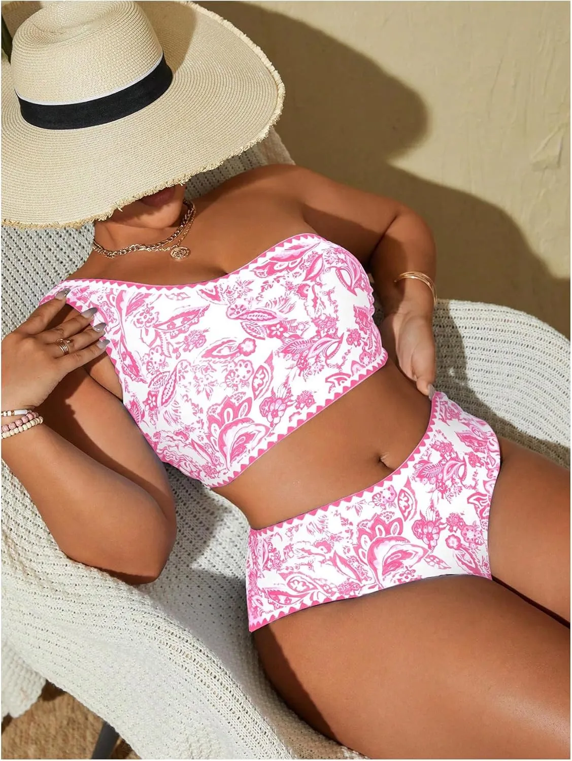 MakeMeChic Women's Plus Size 2 Piece Bikini Sets Floral Print One Shoulder High Waist Swimsuit Bathing Suit