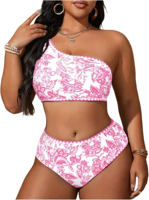 MakeMeChic Women's Plus Size 2 Piece Bikini Sets Floral Print One Shoulder High Waist Swimsuit Bathing Suit