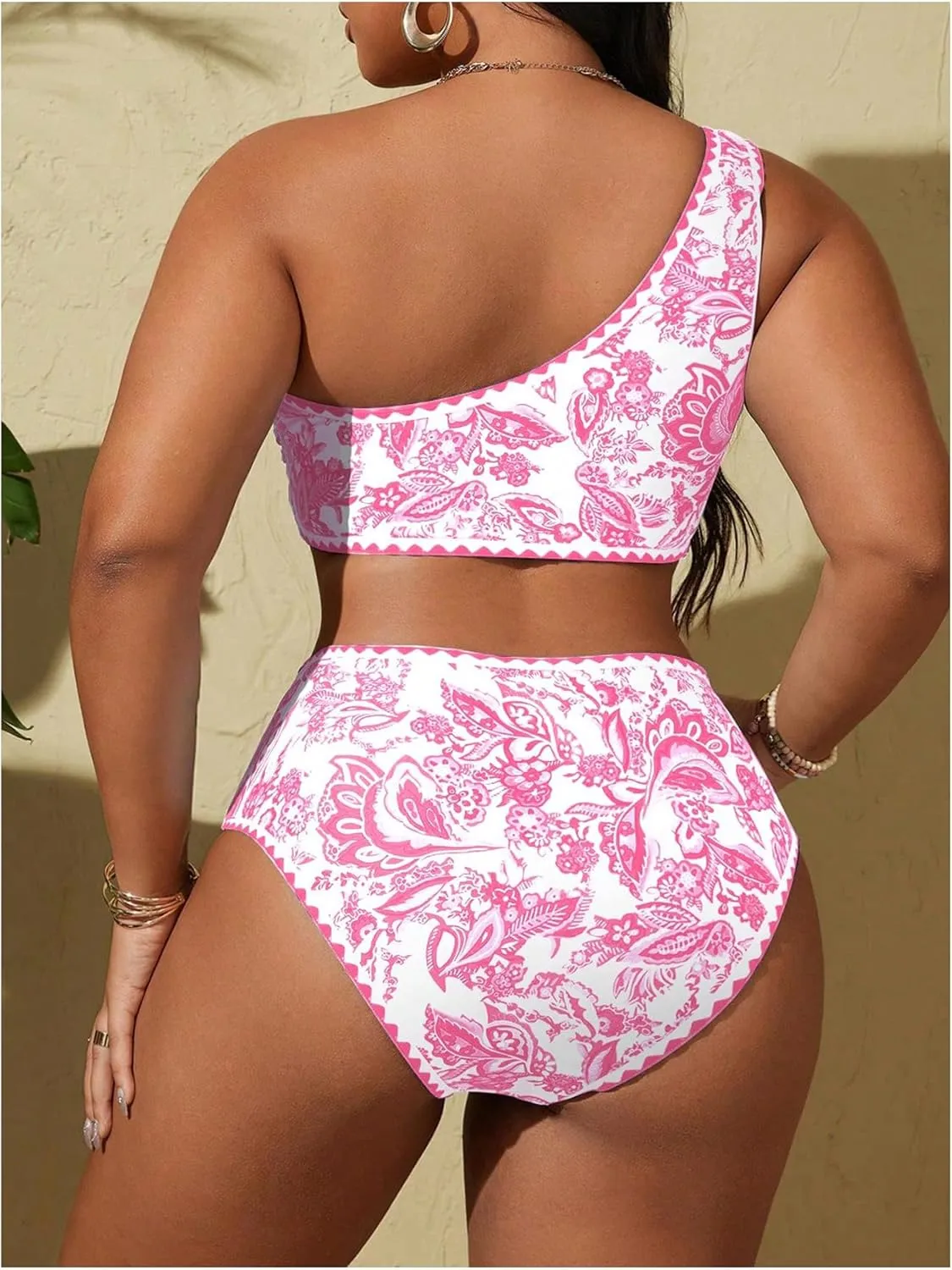 MakeMeChic Women's Plus Size 2 Piece Bikini Sets Floral Print One Shoulder High Waist Swimsuit Bathing Suit