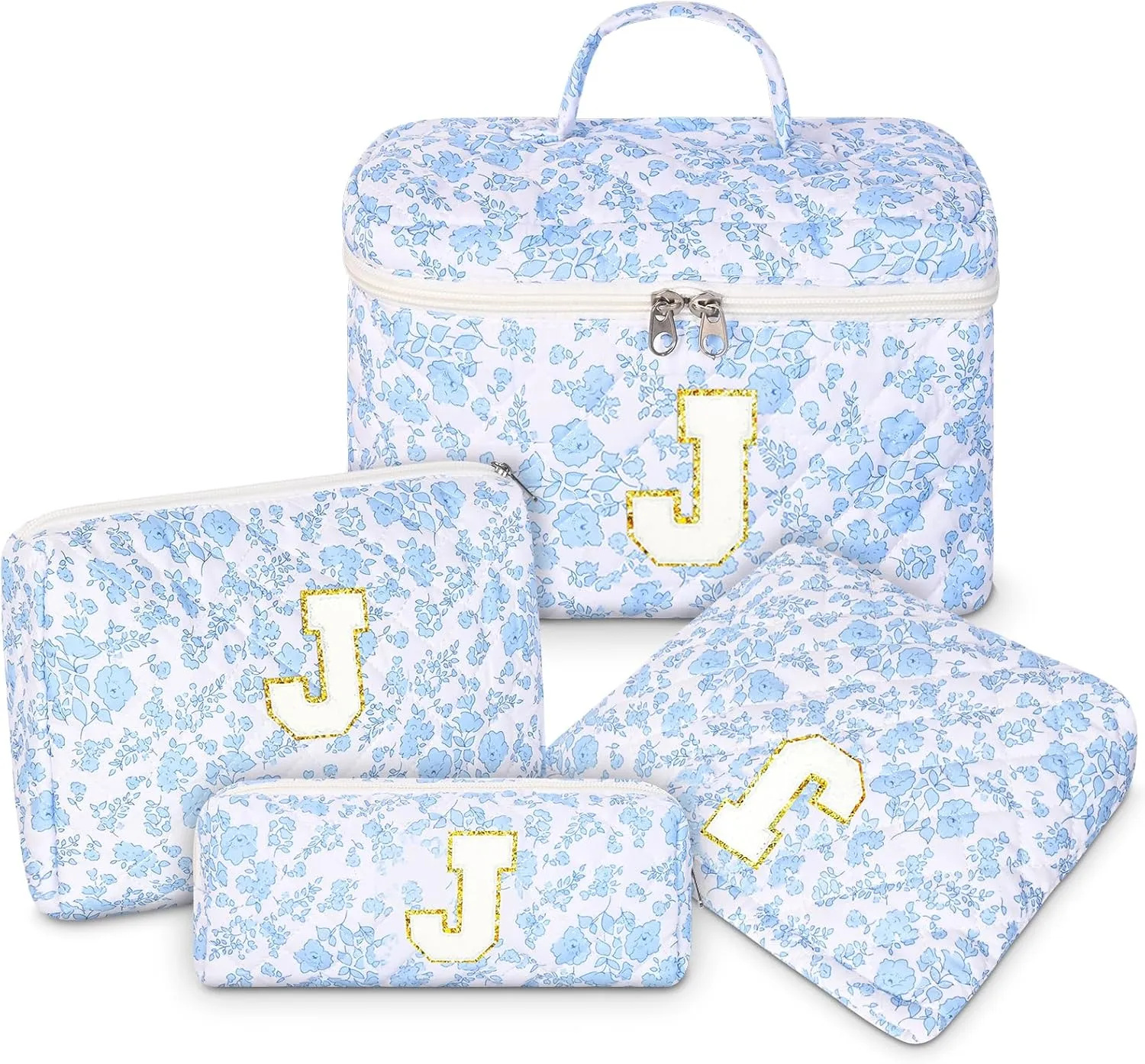 Makeup Bag, 4 Pcs Quilted Makeup Organizer Personalized Initial Gifts for Women Floral Make up Bag Cosmetic Bags Set Travel Toiletry Bag for Girlfriend Teen Girl Gifts Travel Essentials (Blue J)