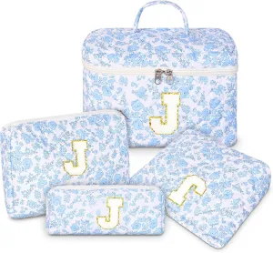 Makeup Bag, 4 Pcs Quilted Makeup Organizer Personalized Initial Gifts for Women Floral Make up Bag Cosmetic Bags Set Travel Toiletry Bag for Girlfriend Teen Girl Gifts Travel Essentials (Blue J)