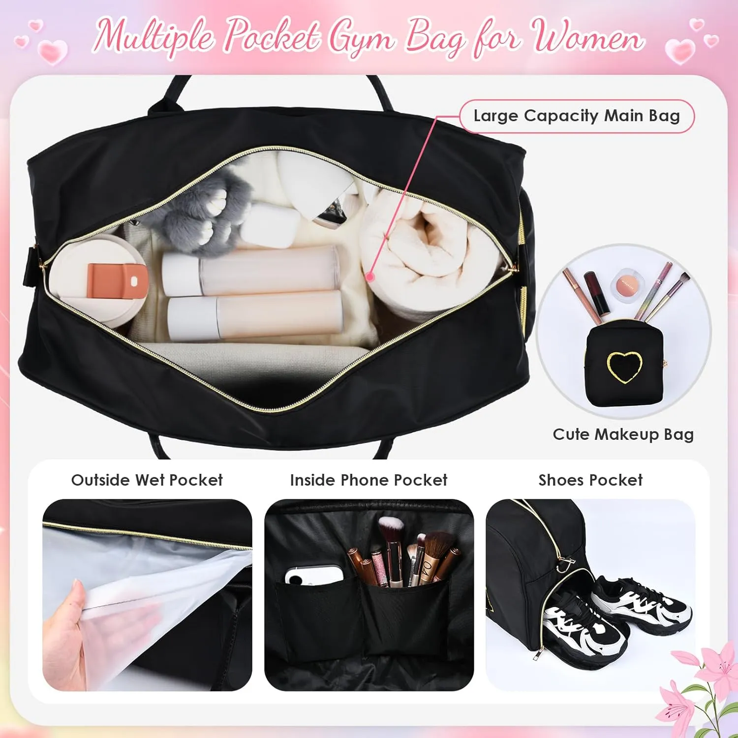 Mama Hospital Bag for Women Labor and Delivery Nylon Chenille Letter Embroidered Duffle Overnight Weekender Bag with Shoes Compartment and Mothers Day Gifts Black-Gold
