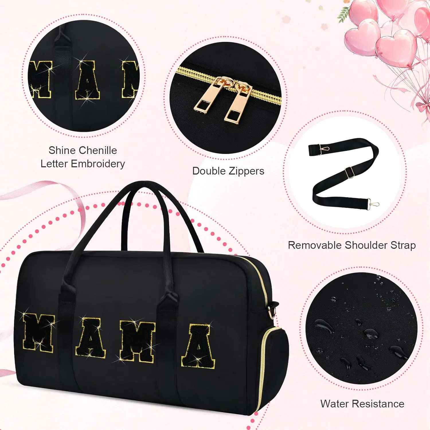 Mama Hospital Bag for Women Labor and Delivery Nylon Chenille Letter Embroidered Duffle Overnight Weekender Bag with Shoes Compartment and Mothers Day Gifts Black-Gold