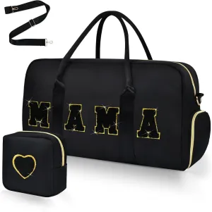 Mama Hospital Bag for Women Labor and Delivery Nylon Chenille Letter Embroidered Duffle Overnight Weekender Bag with Shoes Compartment and Mothers Day Gifts Black-Gold