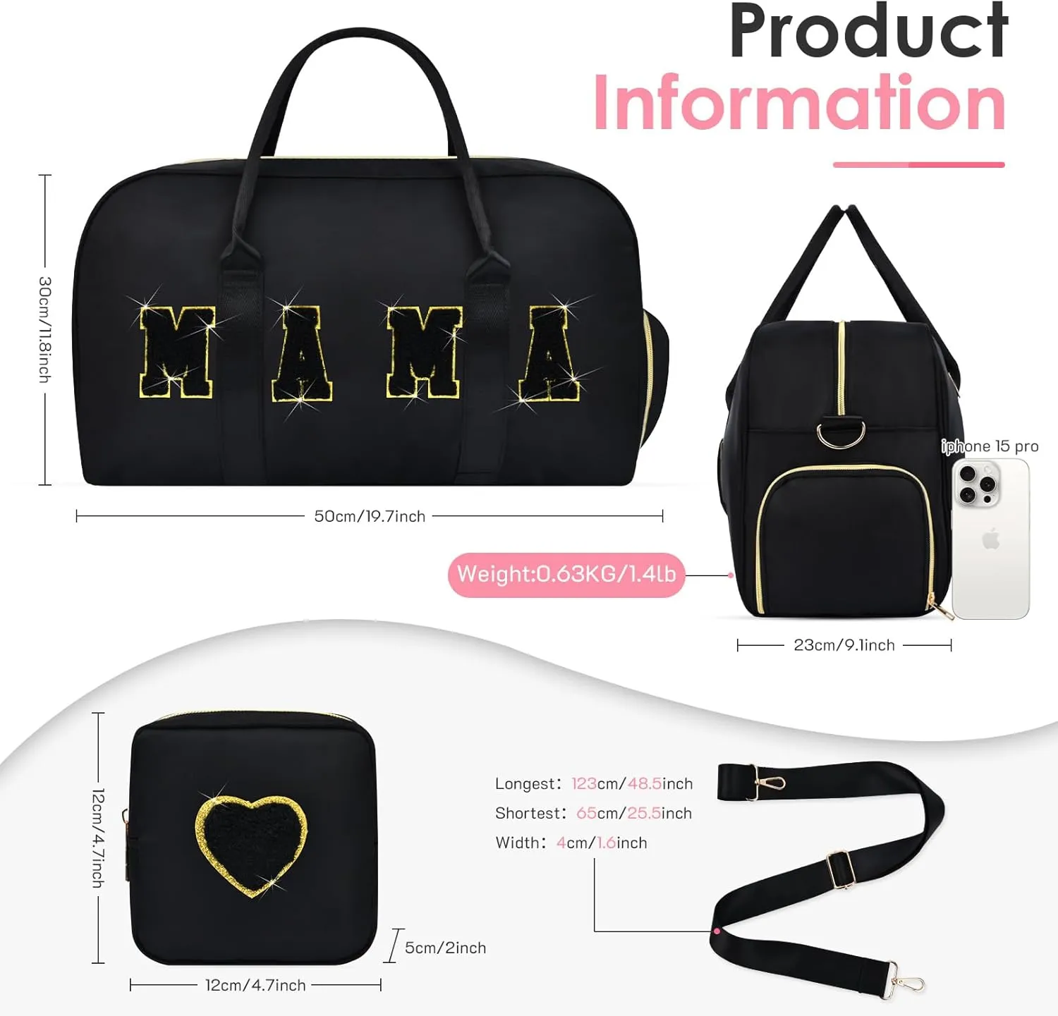 Mama Hospital Bag for Women Labor and Delivery Nylon Chenille Letter Embroidered Duffle Overnight Weekender Bag with Shoes Compartment and Mothers Day Gifts Black-Gold