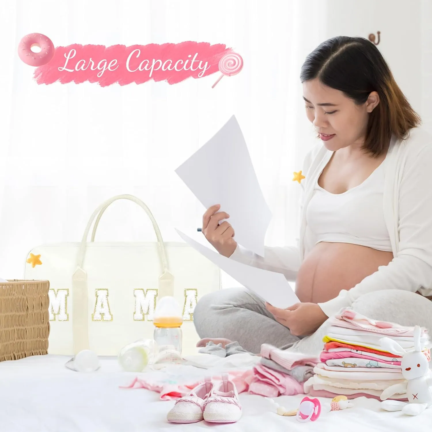 Mama Hospital Bag for Women Labor and Delivery Nylon Chenille Letter Embroidered Duffle Overnight Weekender Bag with Shoes Compartment and Mothers Day Gifts Black-Gold