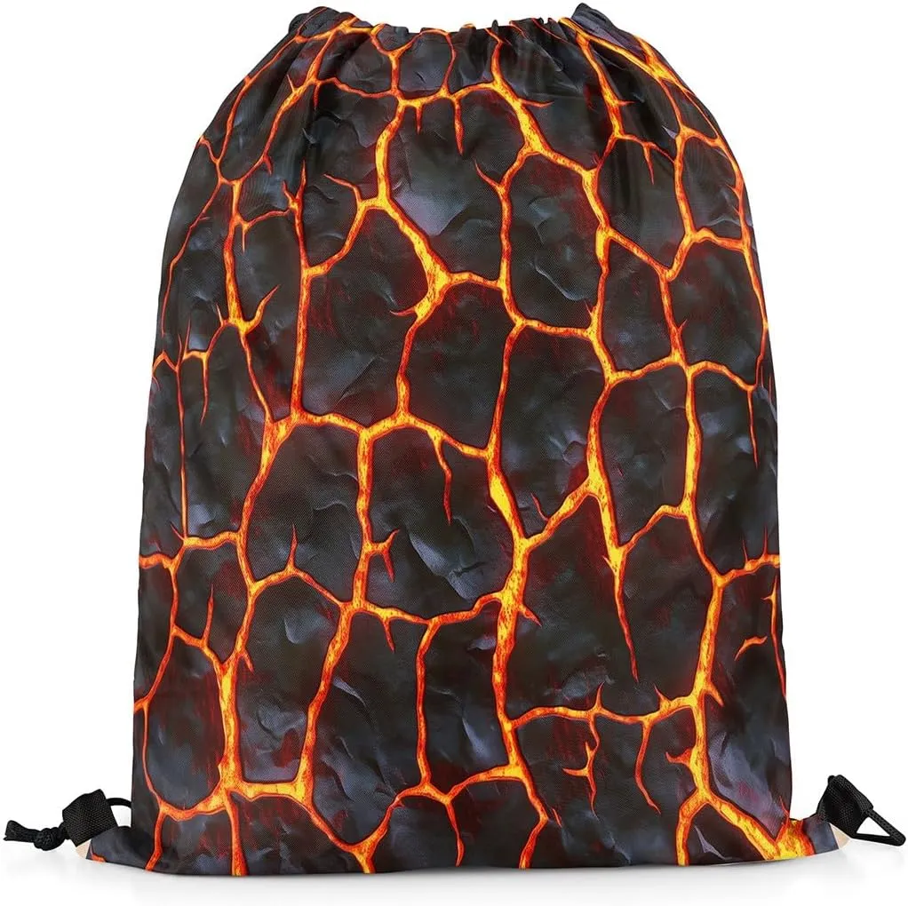 Manfei Lava 3D Print Drawstring Backpack Bag,Natural Disaster Volcano Eruption Drawstring Bag,Large Capacity Red Orange Flame Geometric Stones Patchwork Adjustable Draw String Bag