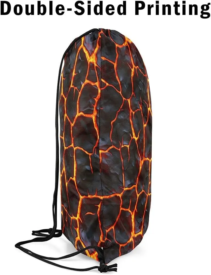 Manfei Lava 3D Print Drawstring Backpack Bag,Natural Disaster Volcano Eruption Drawstring Bag,Large Capacity Red Orange Flame Geometric Stones Patchwork Adjustable Draw String Bag