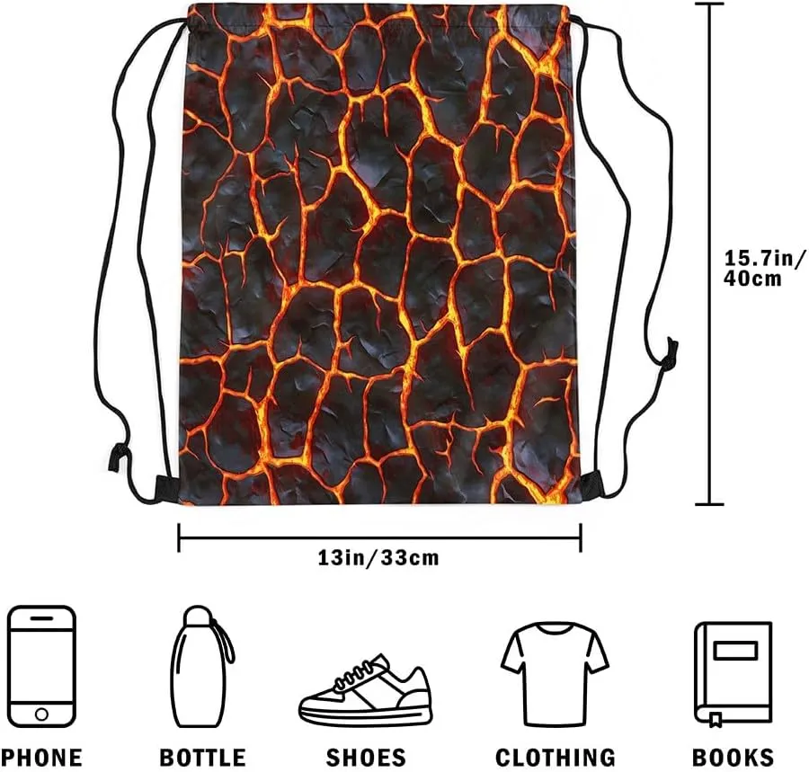 Manfei Lava 3D Print Drawstring Backpack Bag,Natural Disaster Volcano Eruption Drawstring Bag,Large Capacity Red Orange Flame Geometric Stones Patchwork Adjustable Draw String Bag