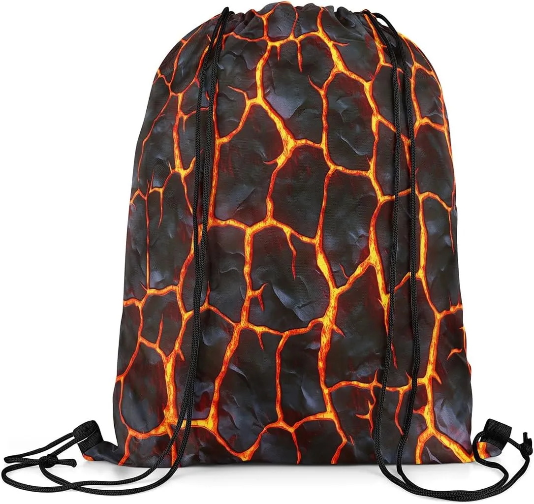 Manfei Lava 3D Print Drawstring Backpack Bag,Natural Disaster Volcano Eruption Drawstring Bag,Large Capacity Red Orange Flame Geometric Stones Patchwork Adjustable Draw String Bag