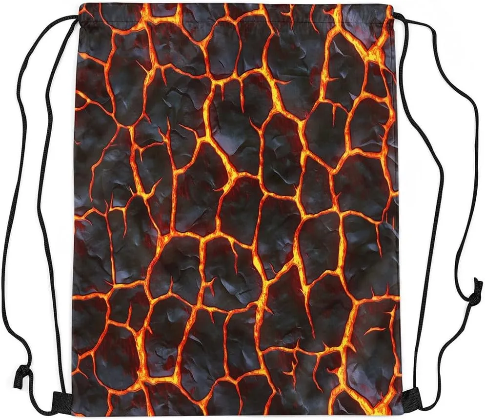 Manfei Lava 3D Print Drawstring Backpack Bag,Natural Disaster Volcano Eruption Drawstring Bag,Large Capacity Red Orange Flame Geometric Stones Patchwork Adjustable Draw String Bag