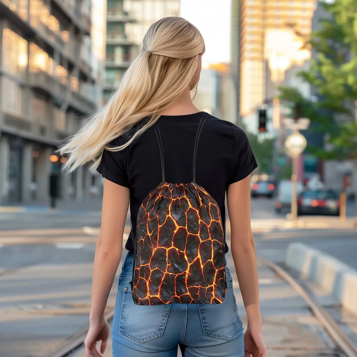 Manfei Lava 3D Print Drawstring Backpack Bag,Natural Disaster Volcano Eruption Drawstring Bag,Large Capacity Red Orange Flame Geometric Stones Patchwork Adjustable Draw String Bag