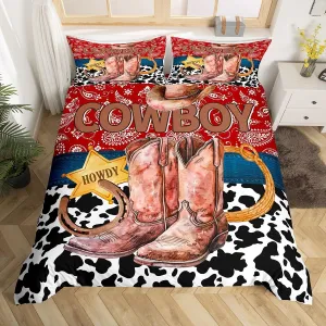 Manfei Western Cowboy Duvet Cover King Size,American Tribal Boots Horseshoe Retro Bedding Set 3 Pcs for Adults,Red Boho Paisley Rustic Cowhide Patchwork Comforter Cover(No Filler)