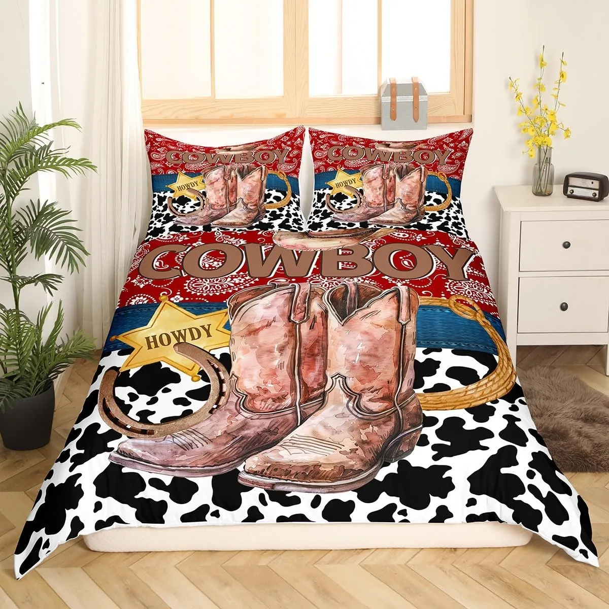 Manfei Western Cowboy Duvet Cover King Size,American Tribal Boots Horseshoe Retro Bedding Set 3 Pcs for Adults,Red Boho Paisley Rustic Cowhide Patchwork Comforter Cover(No Filler)