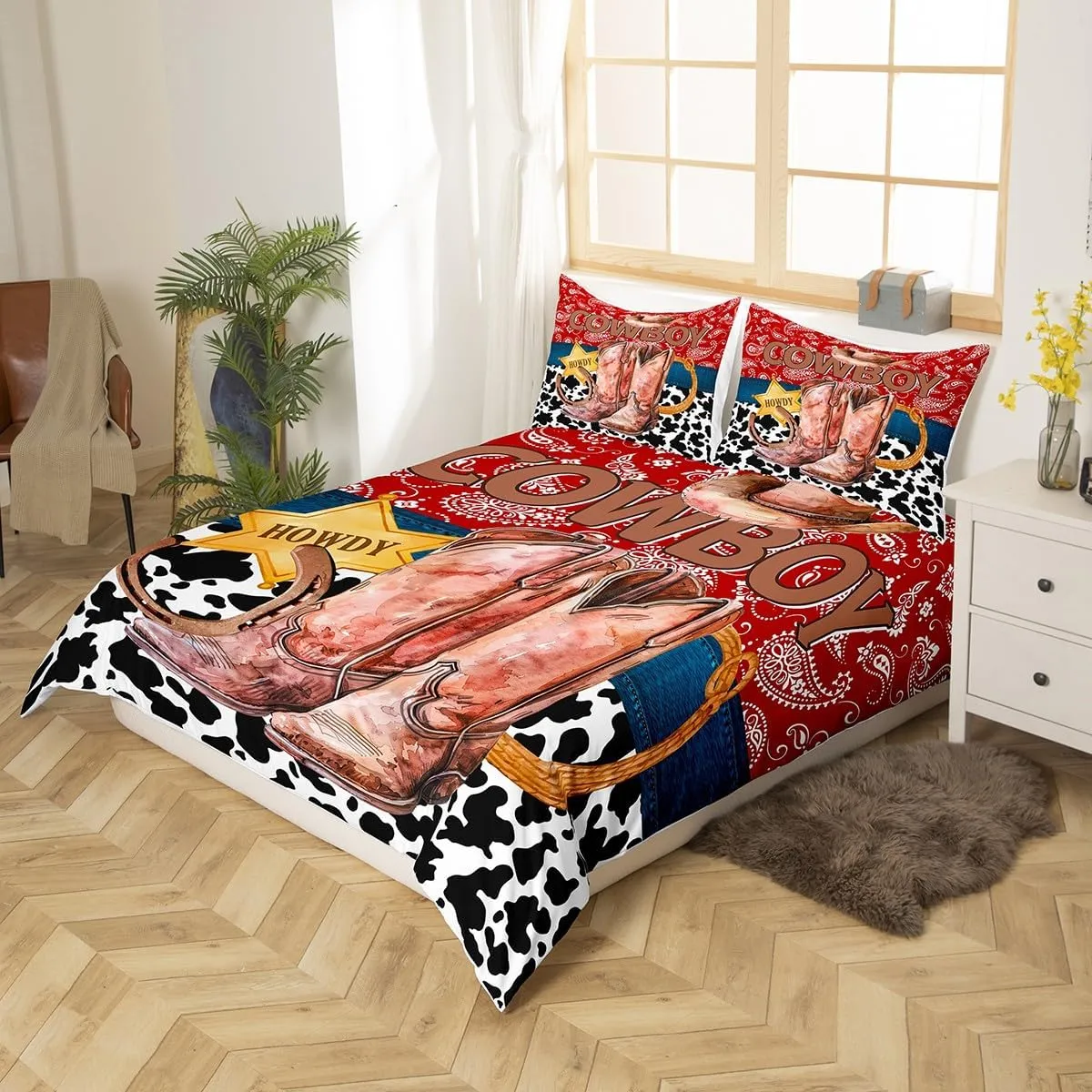 Manfei Western Cowboy Duvet Cover King Size,American Tribal Boots Horseshoe Retro Bedding Set 3 Pcs for Adults,Red Boho Paisley Rustic Cowhide Patchwork Comforter Cover(No Filler)