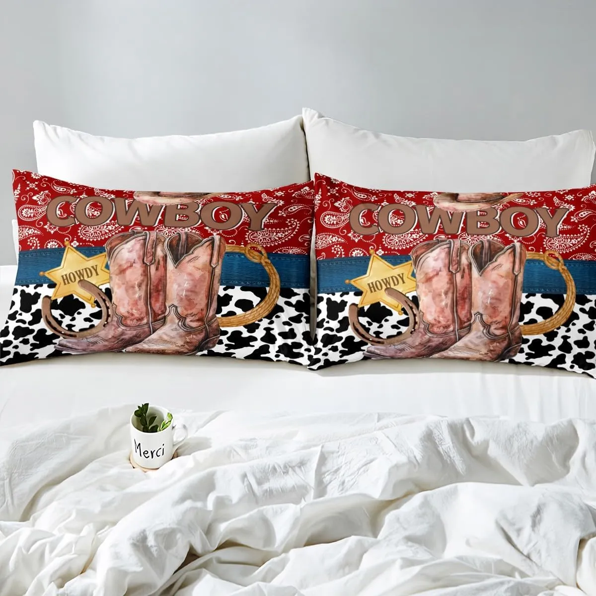Manfei Western Cowboy Duvet Cover King Size,American Tribal Boots Horseshoe Retro Bedding Set 3 Pcs for Adults,Red Boho Paisley Rustic Cowhide Patchwork Comforter Cover(No Filler)